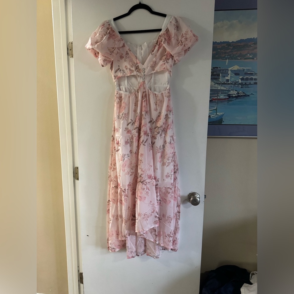 Romantic Pink Floral Tiered Maxi Dress with waist embellishment